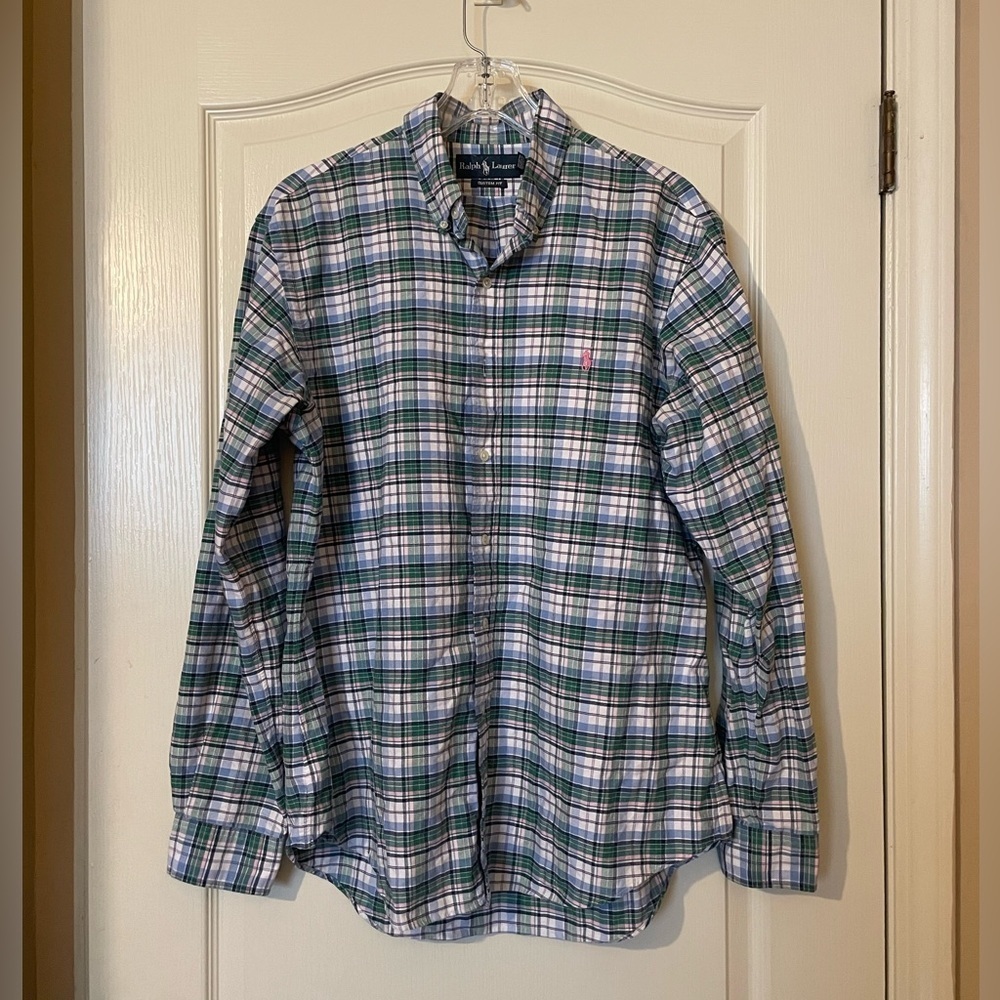 Ralph Lauren Classic Fit Madras Plaid Long Sleeve Button Down Pink Pony Size L